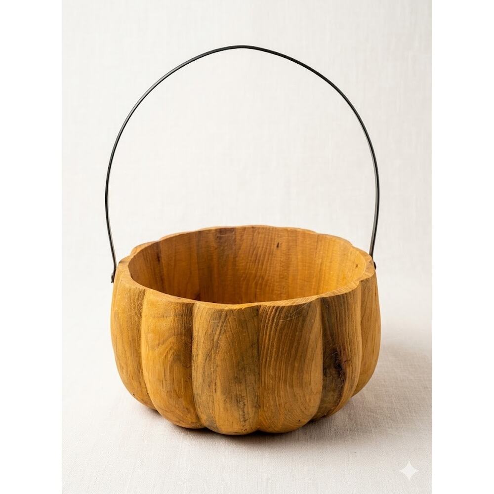 Vintage Hand-Carved Wooden Pumpkin Basket with Metal Handle